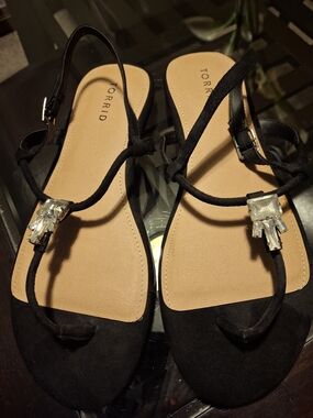 torrid Black Jeweled T-Strap Sandals with Tan Footbed